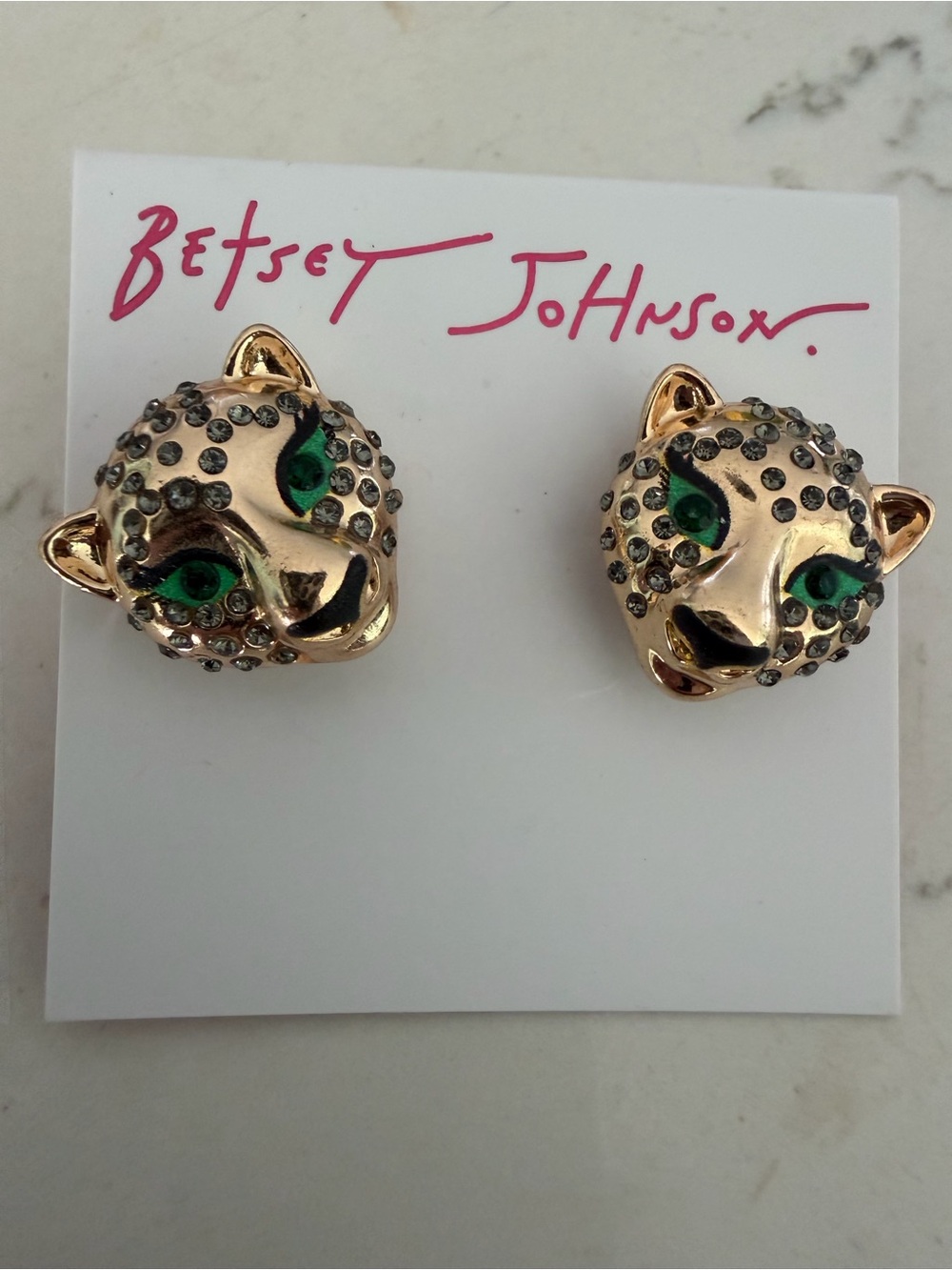 Betsey Johnson Gold-Tone Leopard Head Stud Earrings with Green Eyes